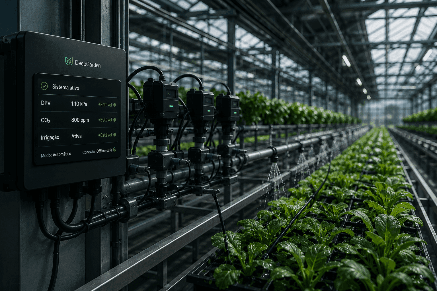 Infraestrutura de estufa com irrigação e clima ajustados automaticamente